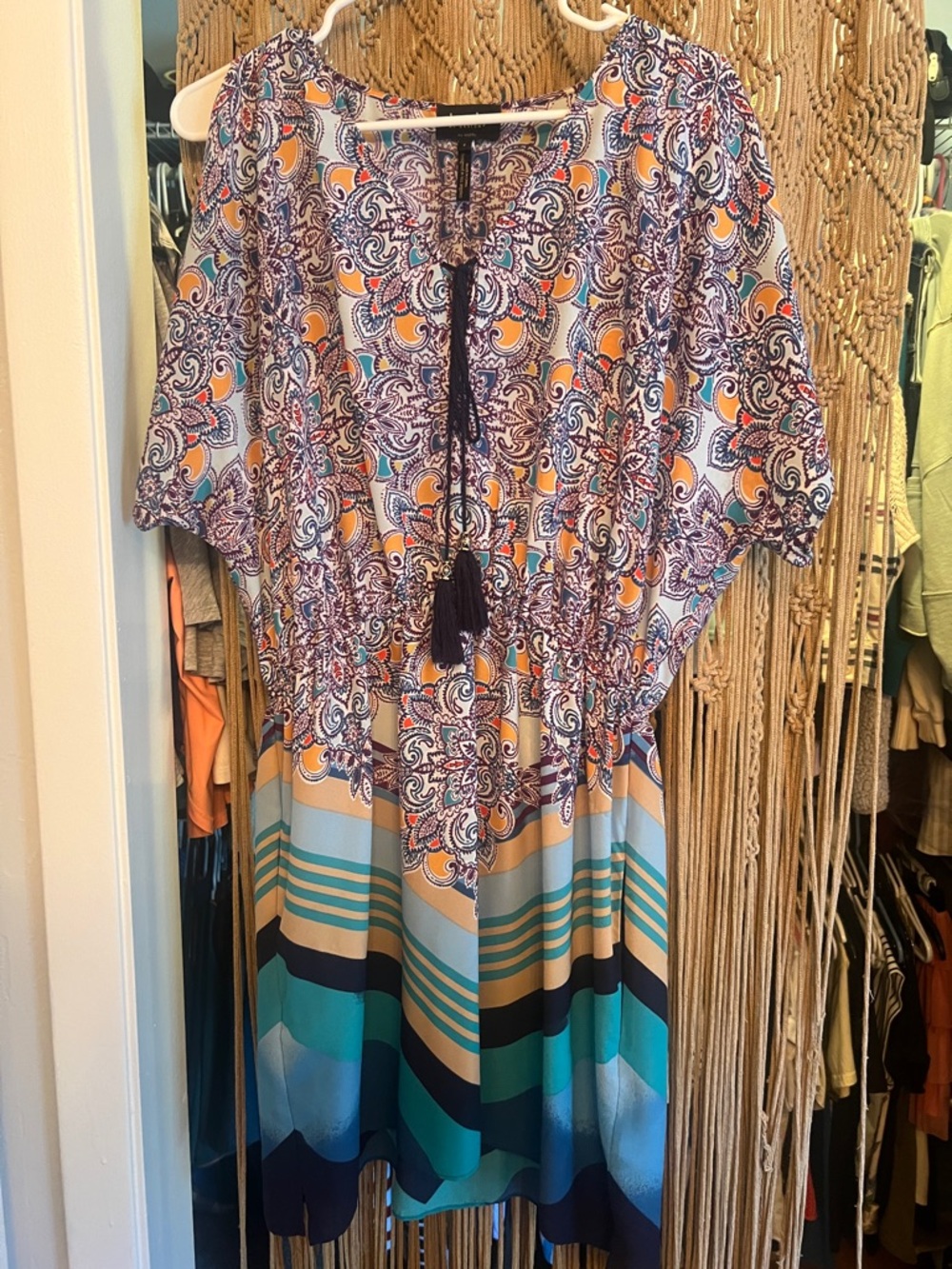 Laundry by Design Multicolor Paisley & Stripe Midi Dress with Tassel Tie